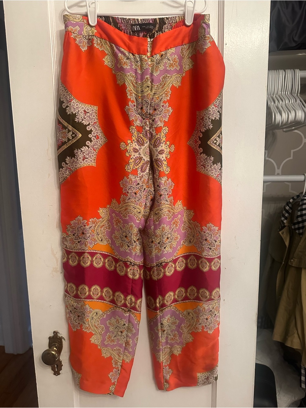 Zara Orange Paisley Print Satin Wide-Leg Pants